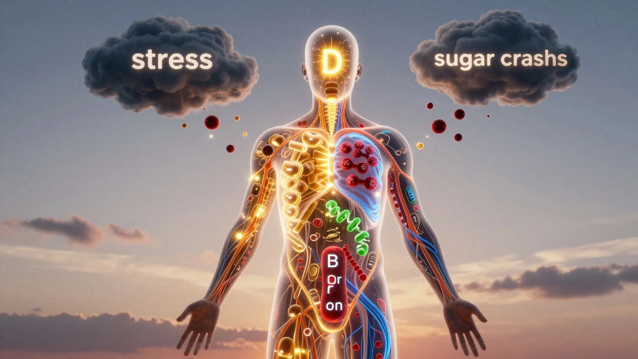 Силуэт человека, наполненный светящимися витаминами и минералами, изгоняющий тьму усталости.