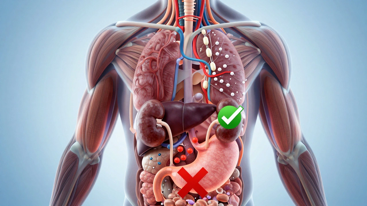 Силуэт тела с потоками аминокислот к мышцам и органам, подчеркивающий здоровье почек.