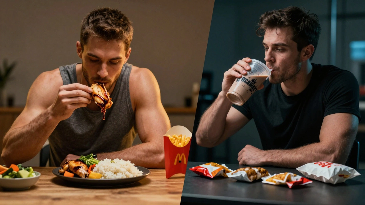 Сравнение сбалансированного питания и потребления гейнера с фастфудом.