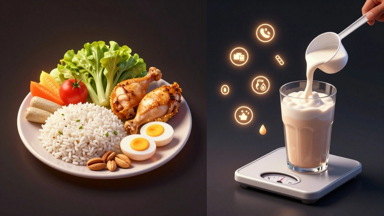 Сравнение сбалансированной еды и калорийного коктейля с символическим весом жира.