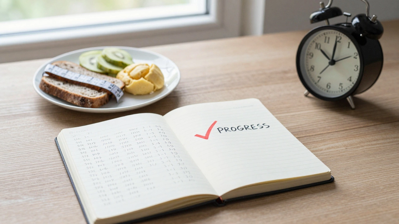 Тетрадь с записями тренировок, еда с граммами, часы и отметка 'Прогресс' на столе.