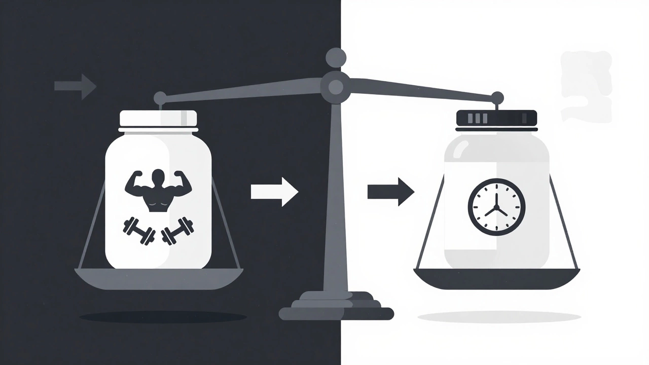 Весы с протеином и гейнером, символизирующие выбор между мышцами и жиром.