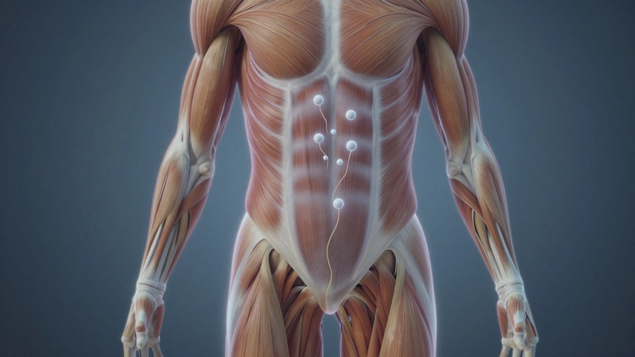 Анатомическая иллюстрация мышц с молекулами креатина, связанных с тазовой областью.