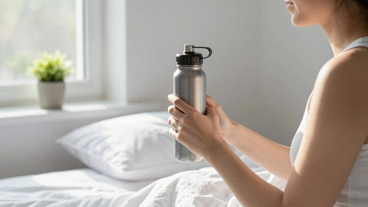 Человек просыпается с бутылкой воды, солнечный свет в окне — образ дисциплины и простых привычек.