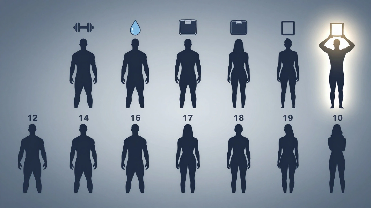 Календарь на 12 недель с постепенно становящимся более рельефным силуэтом человека, символы тренировок и воды.