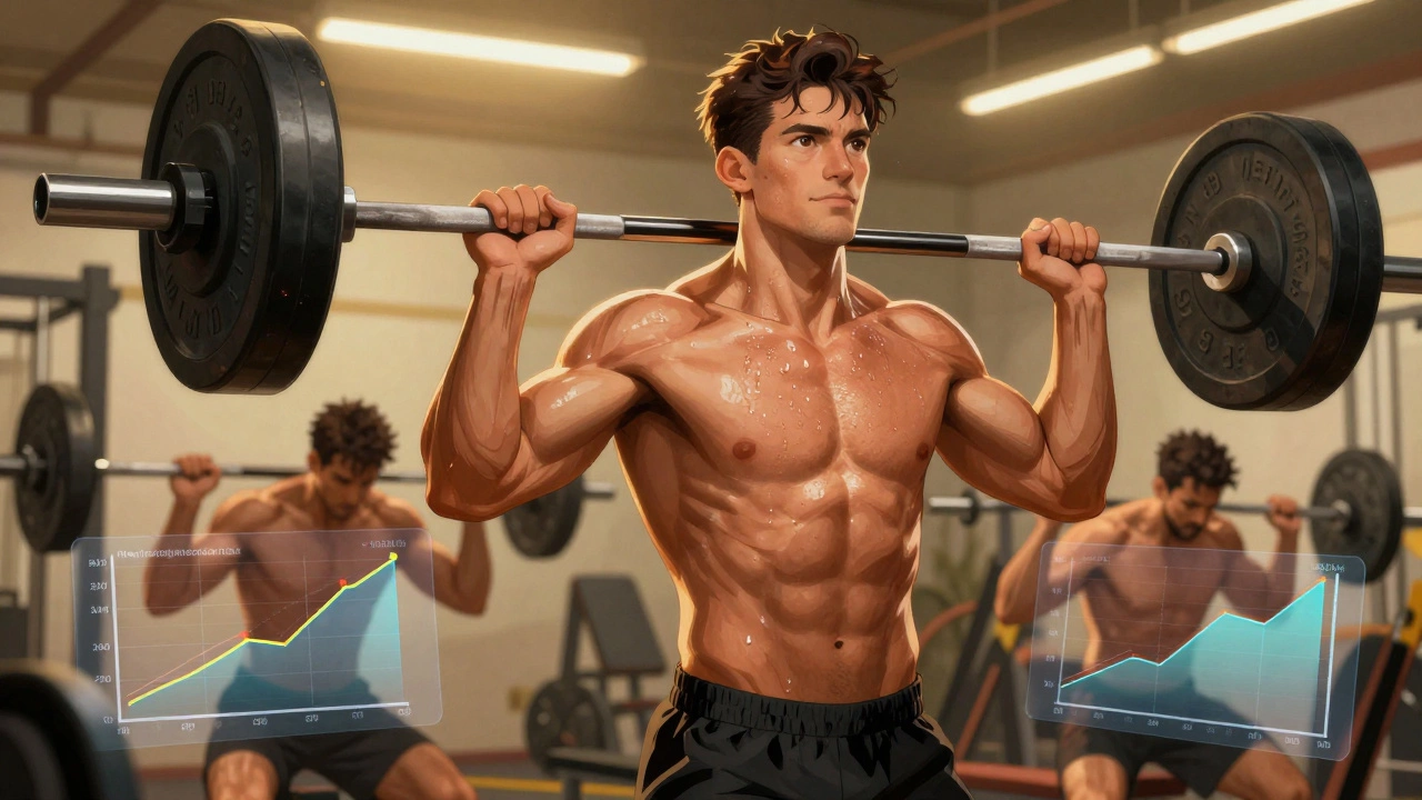 Мезоморф поднимает штангу с легкостью, вокруг него — научные данные о росте мышц и гормонах.
