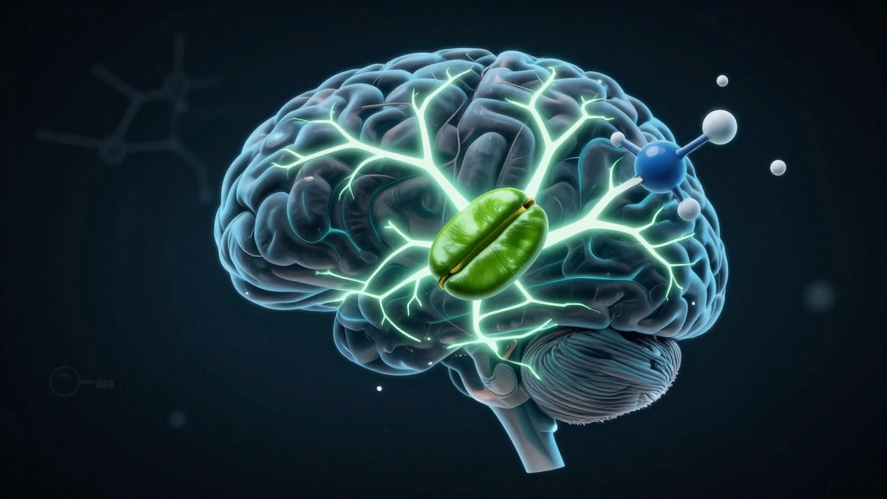 Мозг с активными нейронными путями, соединёнными с молекулой серотонина и зелёным кофе, символизирующий контроль аппетита.