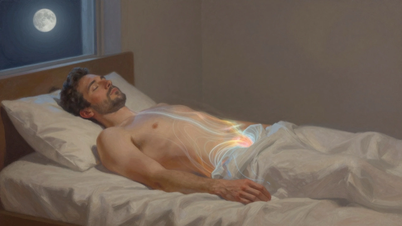 Мужчина спит спокойно, символизируя улучшение качества сна и восстановления.