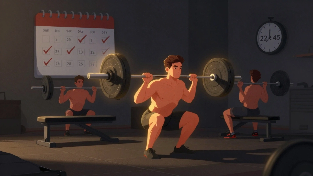 Мужчина выполняет три базовых упражнения — приседания, жим лежа и становую тягу — при мягком золотистом свете.