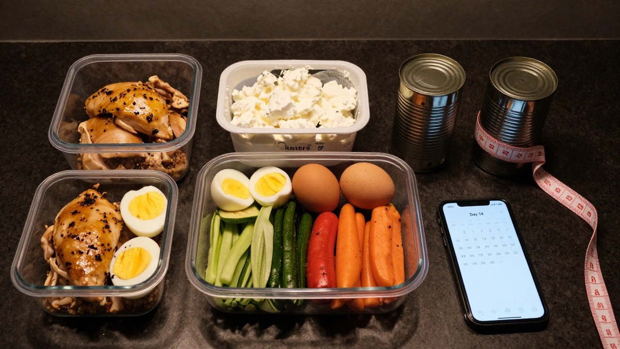 Недельная подготовка еды: контейнеры с курицей, яйцами, творогом и овощами, рядом измерительная лента на талии.