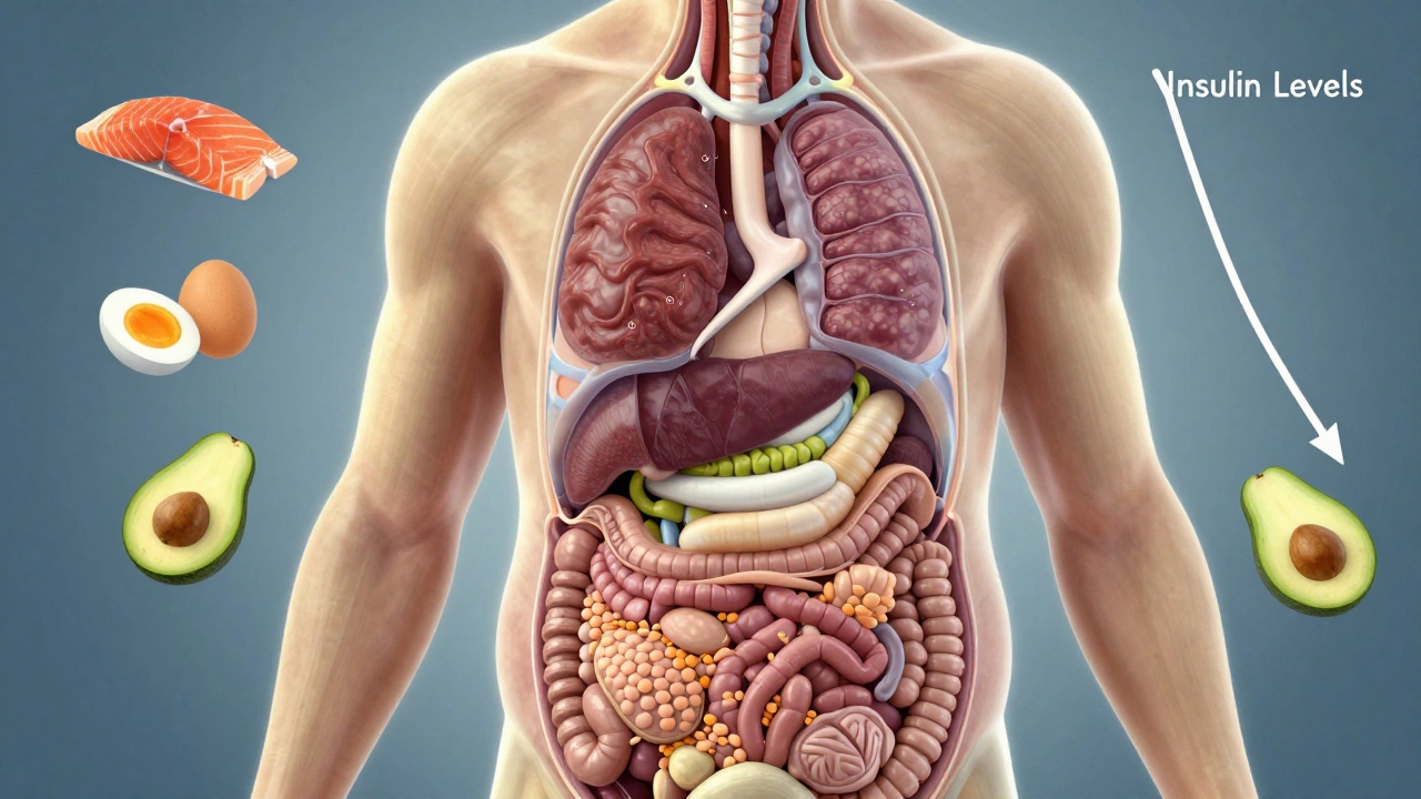 Прозрачный силуэт человека с висцеральным жиром вокруг органов, окруженный полезными продуктами и снижающимся уровнем инсулина.