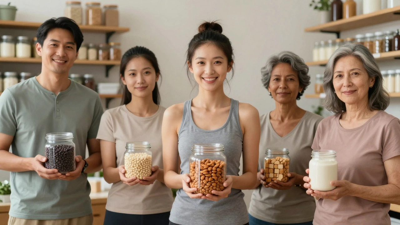 Разнообразные люди с разными источниками белка — растительными и животными — в панораме здорового питания.