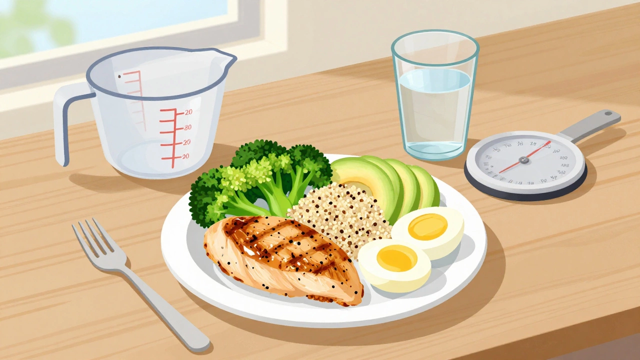 Сбалансированный обед для сушки: курица, брокколи, квиноа, авокадо, яйца и вода на деревянном столе.