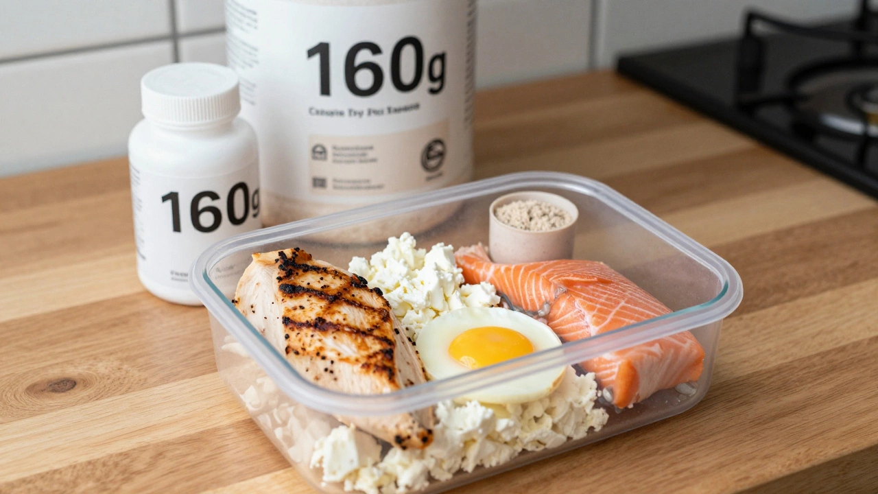 Сбалансированный обед с 160 г белка: курица, яйца, рыба, творог и протеин.