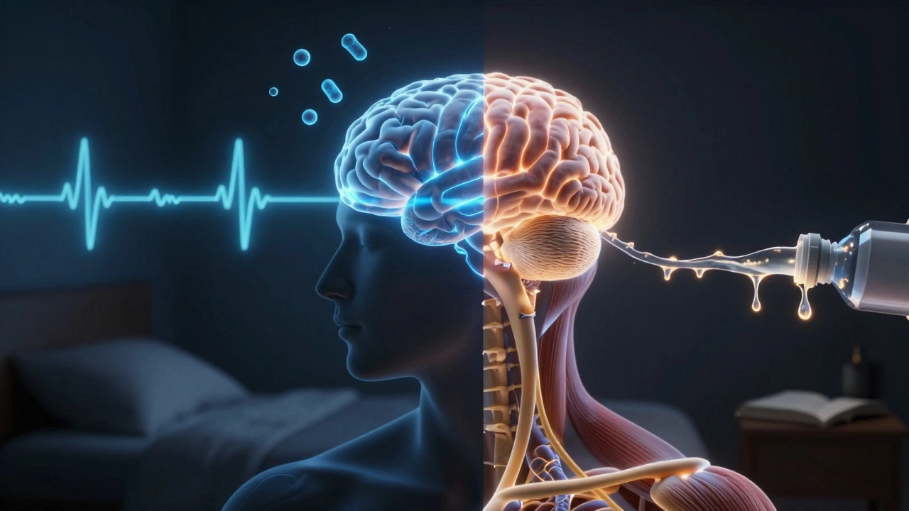 Силуэт человека ночью: одна половина — спящий мозг с гормоном роста, другая — растущая мышца с медленным потоком казеина.