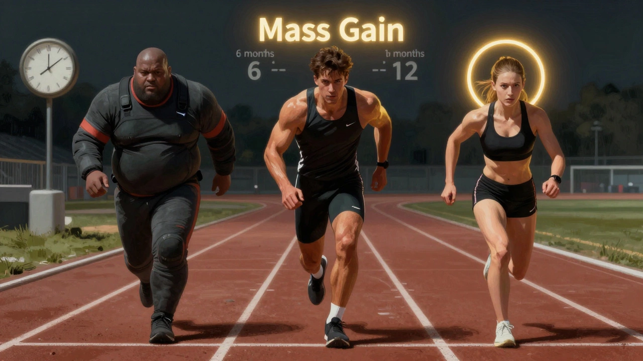 Три бегуна на старте марафона, символизирующие разные типы телосложения при наборе мышечной массы.