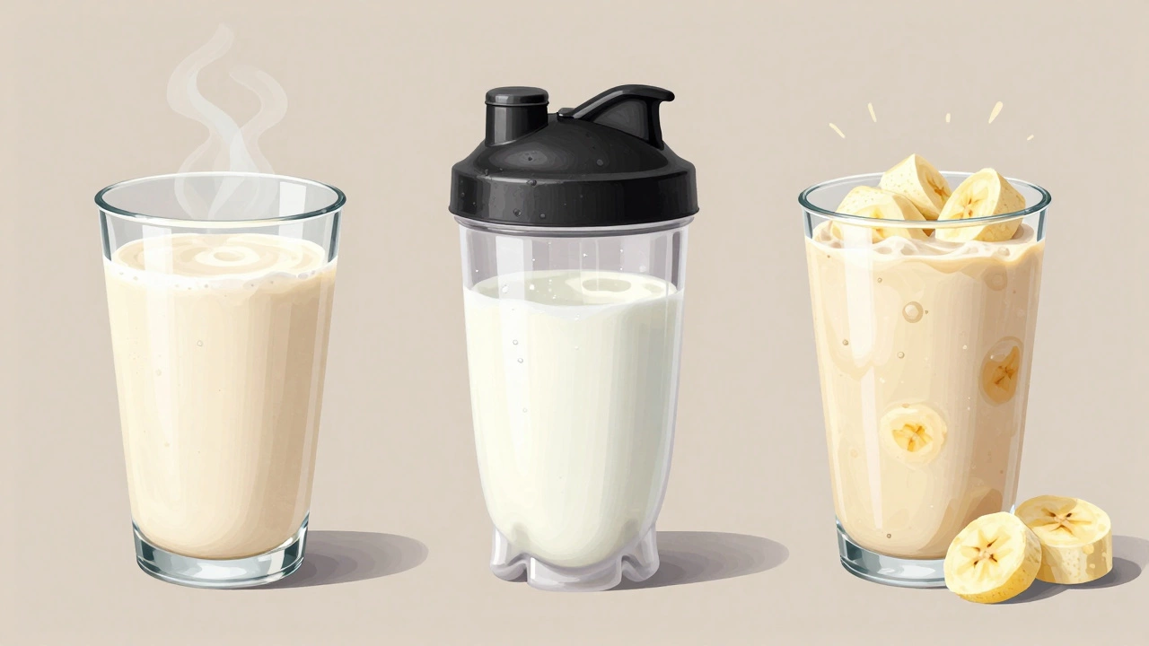 Три варианта приготовления протеинового коктейля: с водой, молоком и овсяным молоком с бананом.