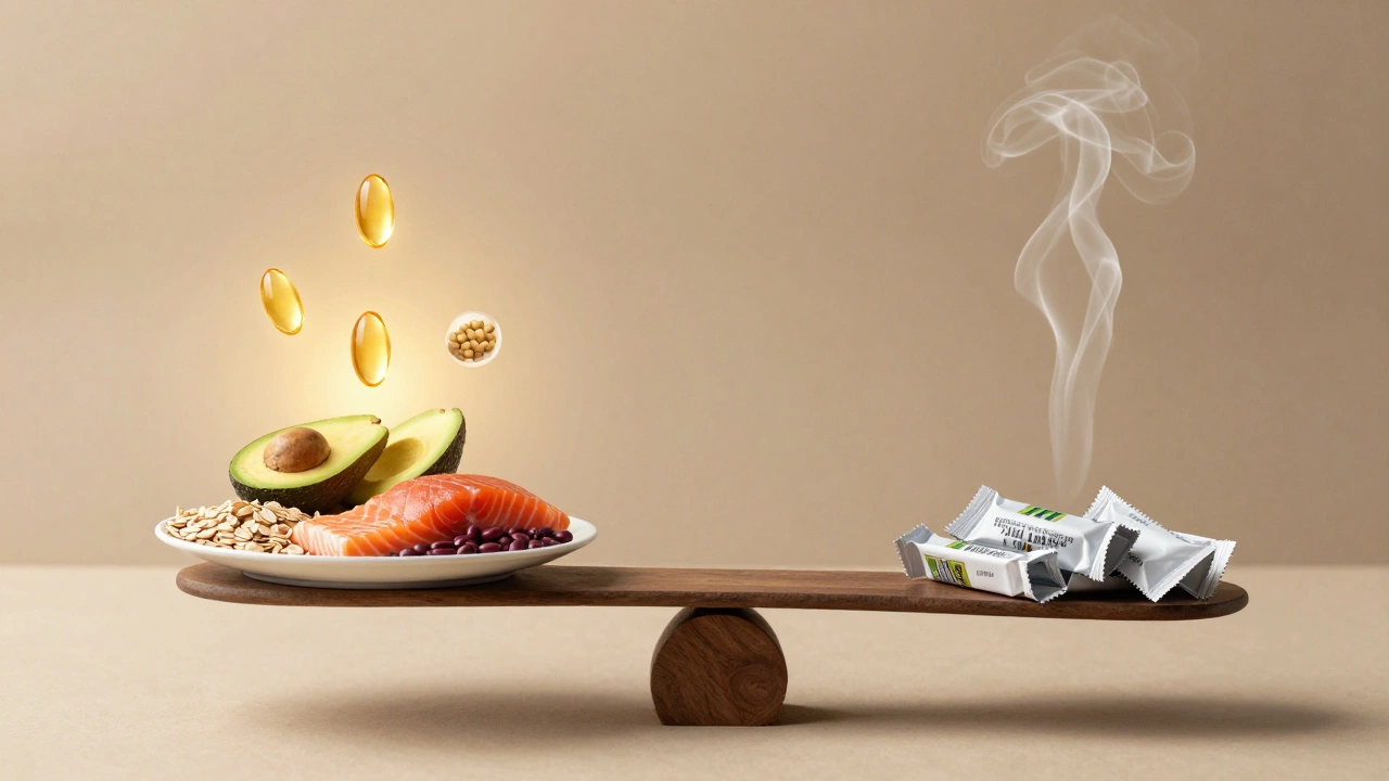 Весы с полезными продуктами на одной стороне и исчезающими вредными на другой, символизирующие сбалансированный аппетит.