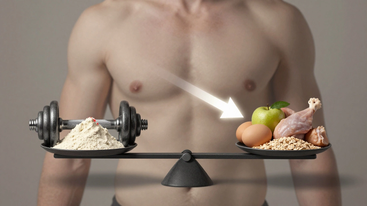 Весы с протеином и гантелей против натуральной пищи: яиц, курицы и фруктов.