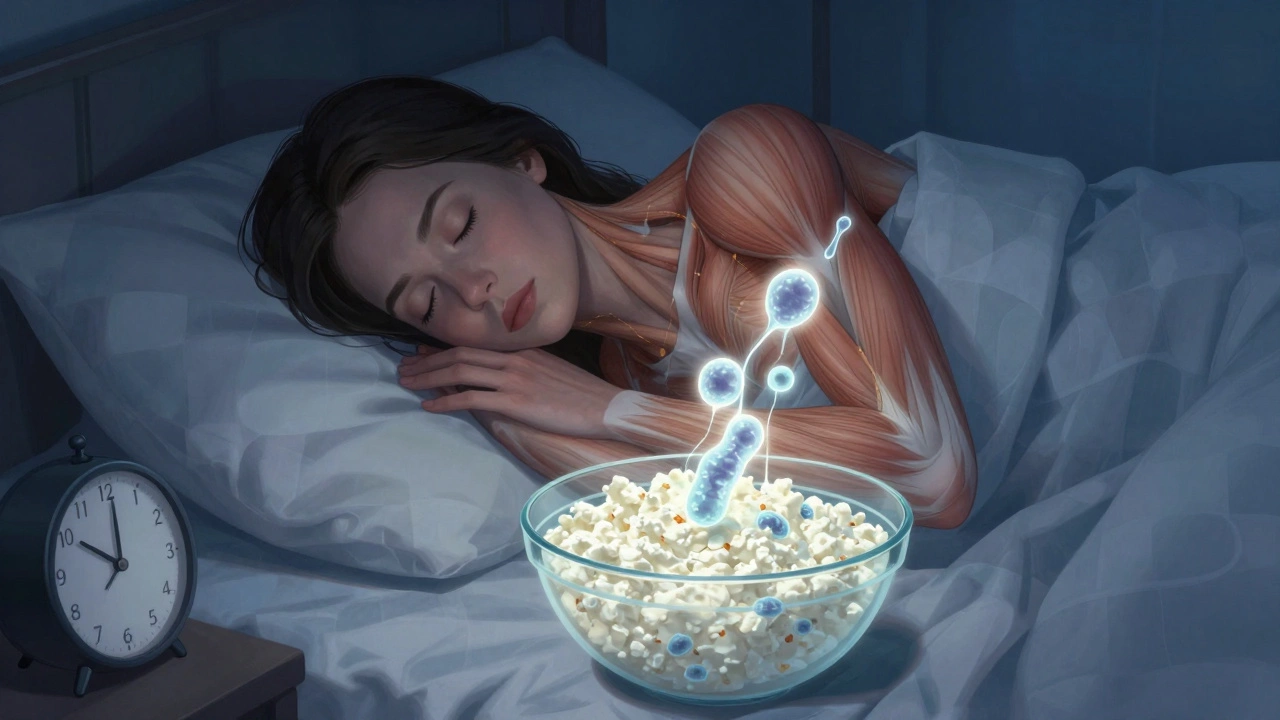 Женщина спит, рядом с кроватью миска творога, из которой исходят светящиеся потоки аминокислот, символизирующие ночное восстановление мышц.