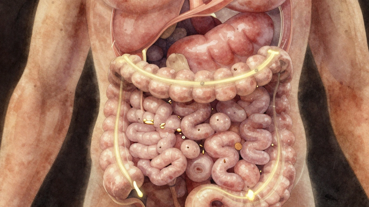 Анатомическое изображение кишечника, где клетчатка связывает жир и выводит его с калом.