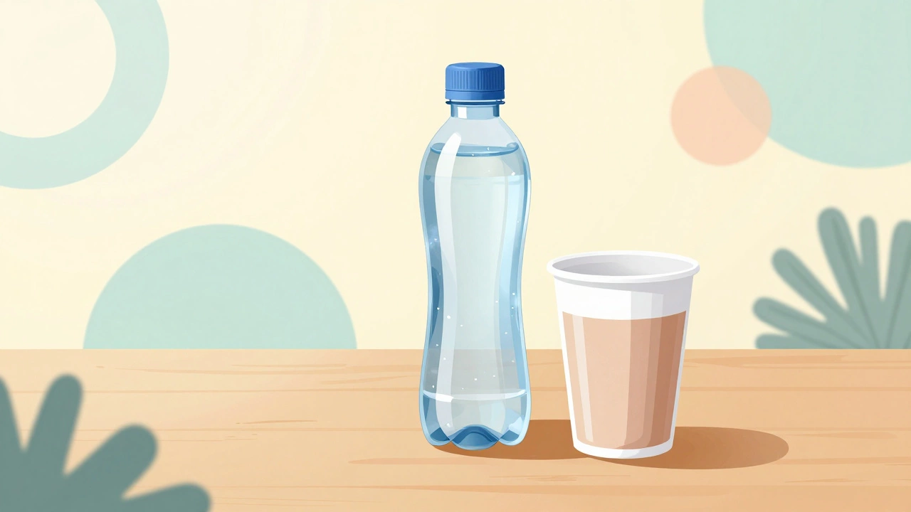 Бутылка воды стоит рядом с напитком для поддержания водного баланса