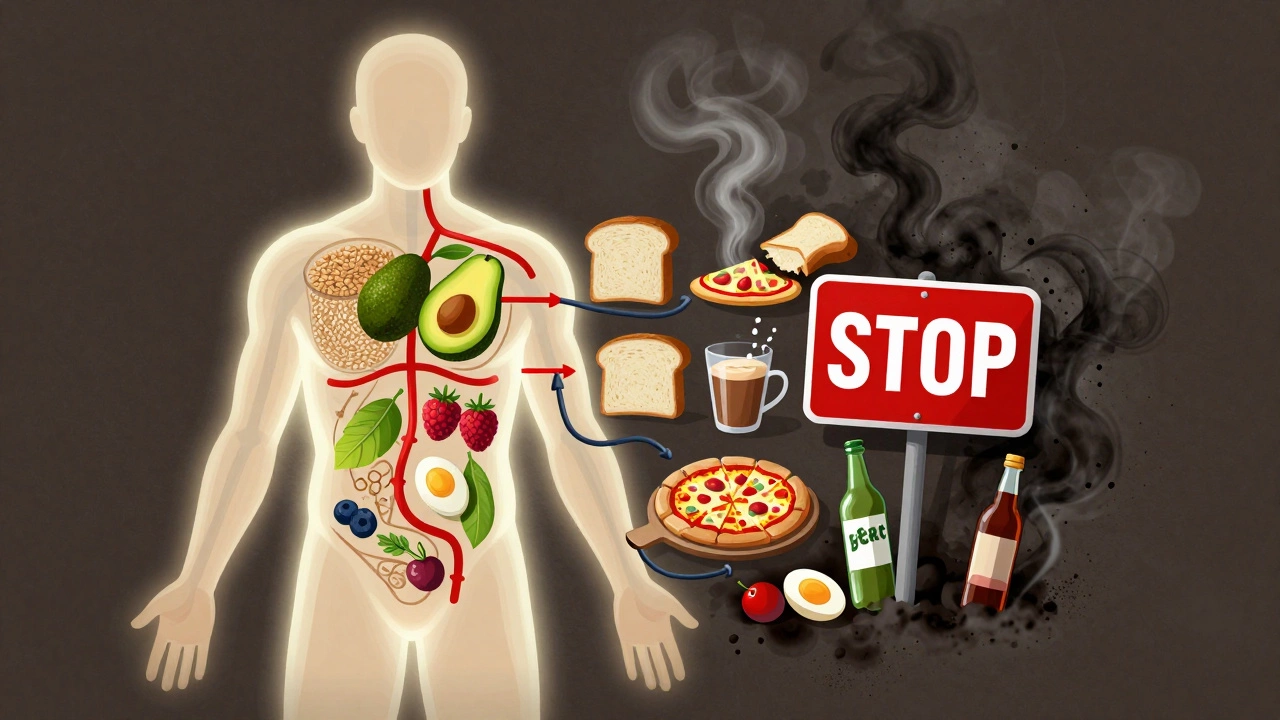 Человеческое тело с метаболической картой: здоровые продукты с одной стороны и обработанные продукты с другой, окутанные дымом.