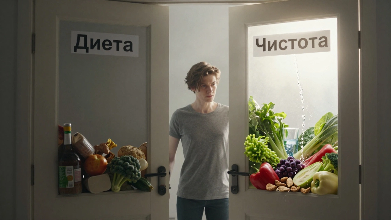 Человек между двумя дверями: одна ведет к диете с обработанными продуктами, другая — к чистому питанию с овощами и водой.