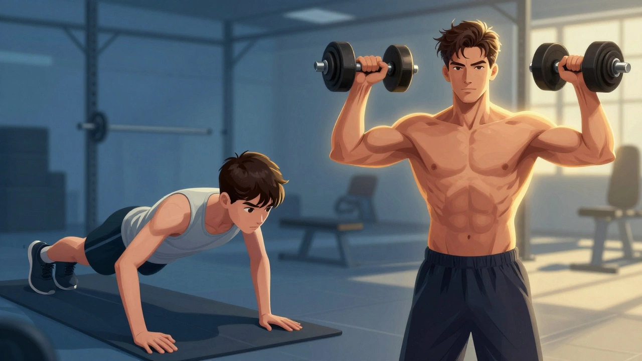 Два мужчины: подросток и взрослый, тренирующиеся в одном зале, символизирующие разницу в мышечном росте из-за возраста.