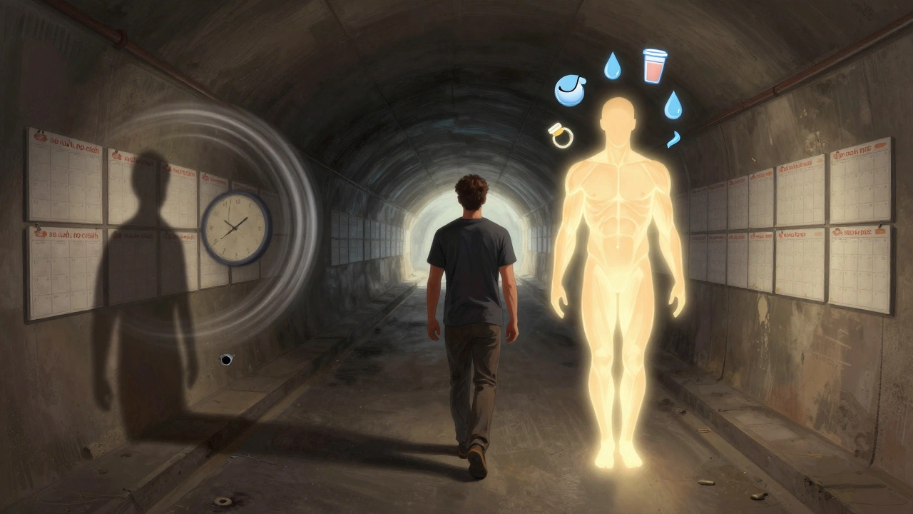 Мужчина идёт через тоннель: одна сторона — быстрая сушка с разрушением мышц, другая — медленный прогресс с поддержкой сна и белка.