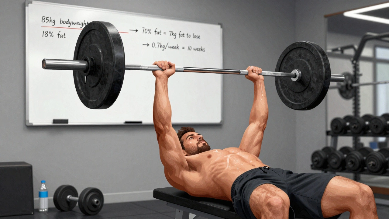 Мужчина жмёт штангу в зале, на фоне доска с расчётами потери жира по неделям.