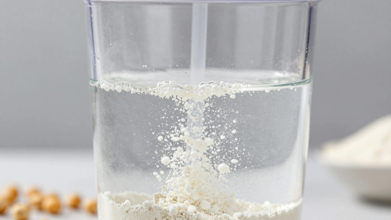 Порошок протеина насыпается в бутылку с чистой водой крупным планом