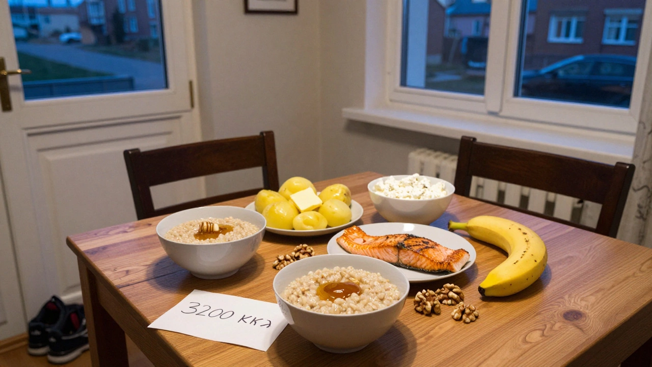 Простой ужин на деревянном столе: лосось, картофель, творог, орехи и банан в русской кухне.