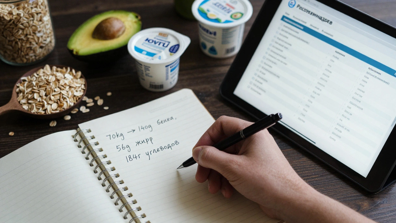 Рука пишет расчёт БЖУ в блокноте рядом с планшетом, на котором отображены данные о продуктах.