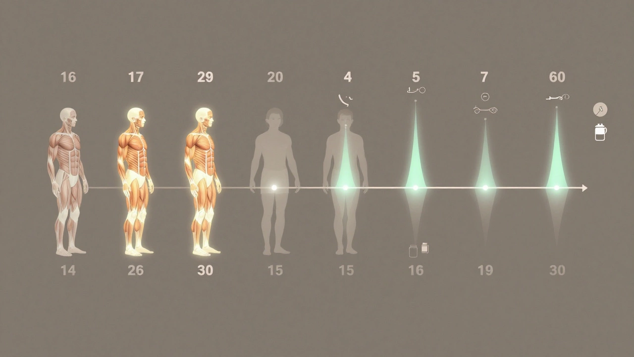 Схематичный силуэт мужчины с графиком мышечного роста от 16 до 60 лет, акцент на пике в 20–30 лет.