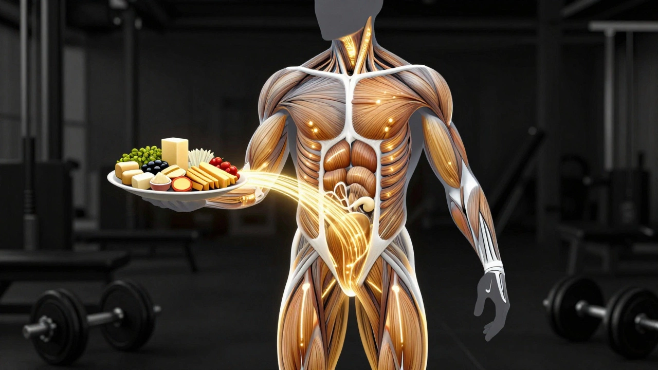 Силуэт человека с энергетическими потоками от еды к мышцам: углеводы, белки и жиры как источники роста.