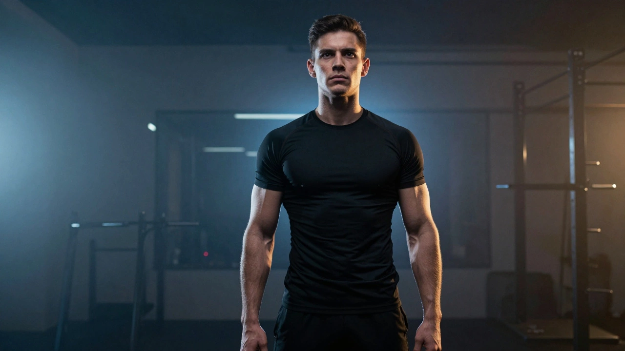 Спортивный мужчина стоит с прямой осанкой в фитнес-зале.