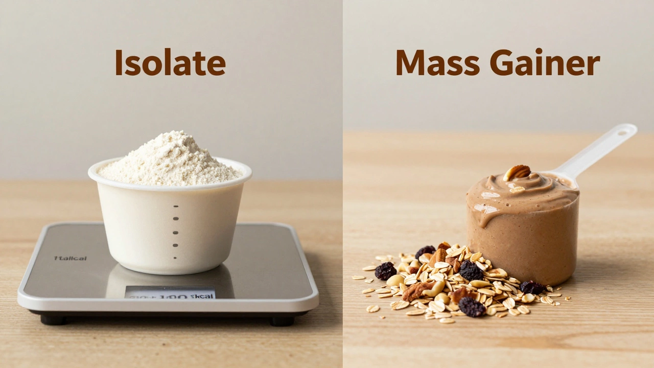 Сравнение двух типов протеина: чистый изолят и калорийный масс-гейнер с натуральными ингредиентами на деревянной поверхности.