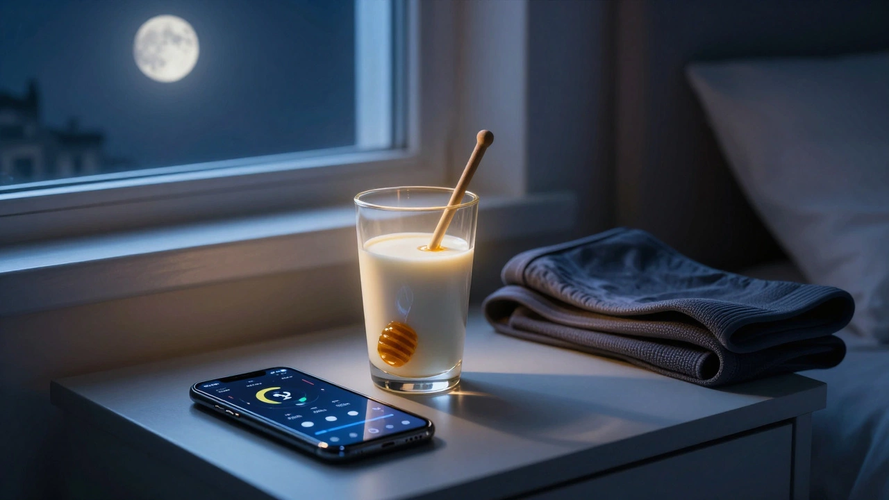 Стакан тёплого молока с мёдом на тумбочке ночью, символизирующий ночное восстановление мышц.