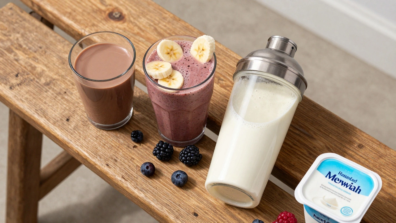Стол с полезными напитками: молоко, смузи и протеиновый коктейль
