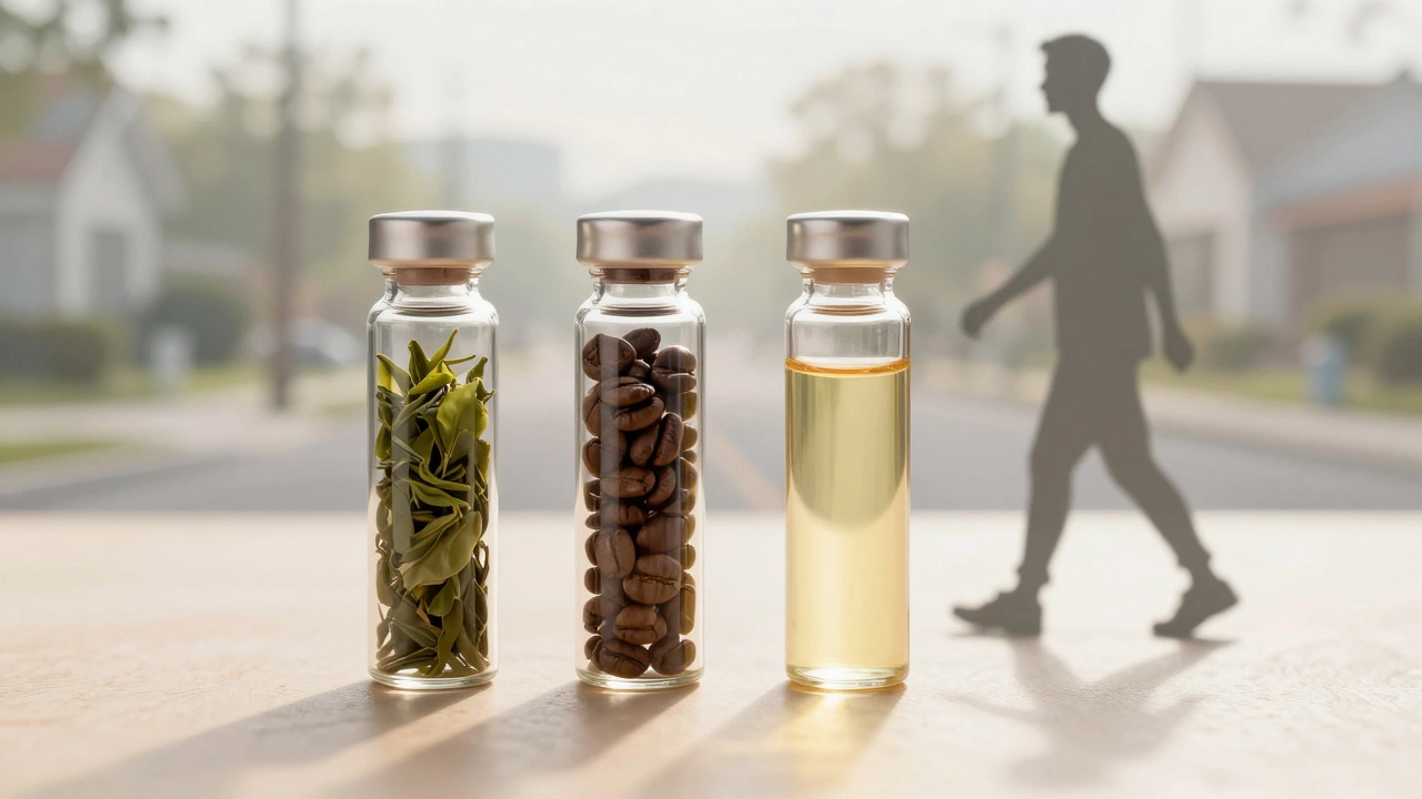 Три натуральных продукта — зелёный чай, кофе и омега-3 — рядом с человеком на утренней прогулке.