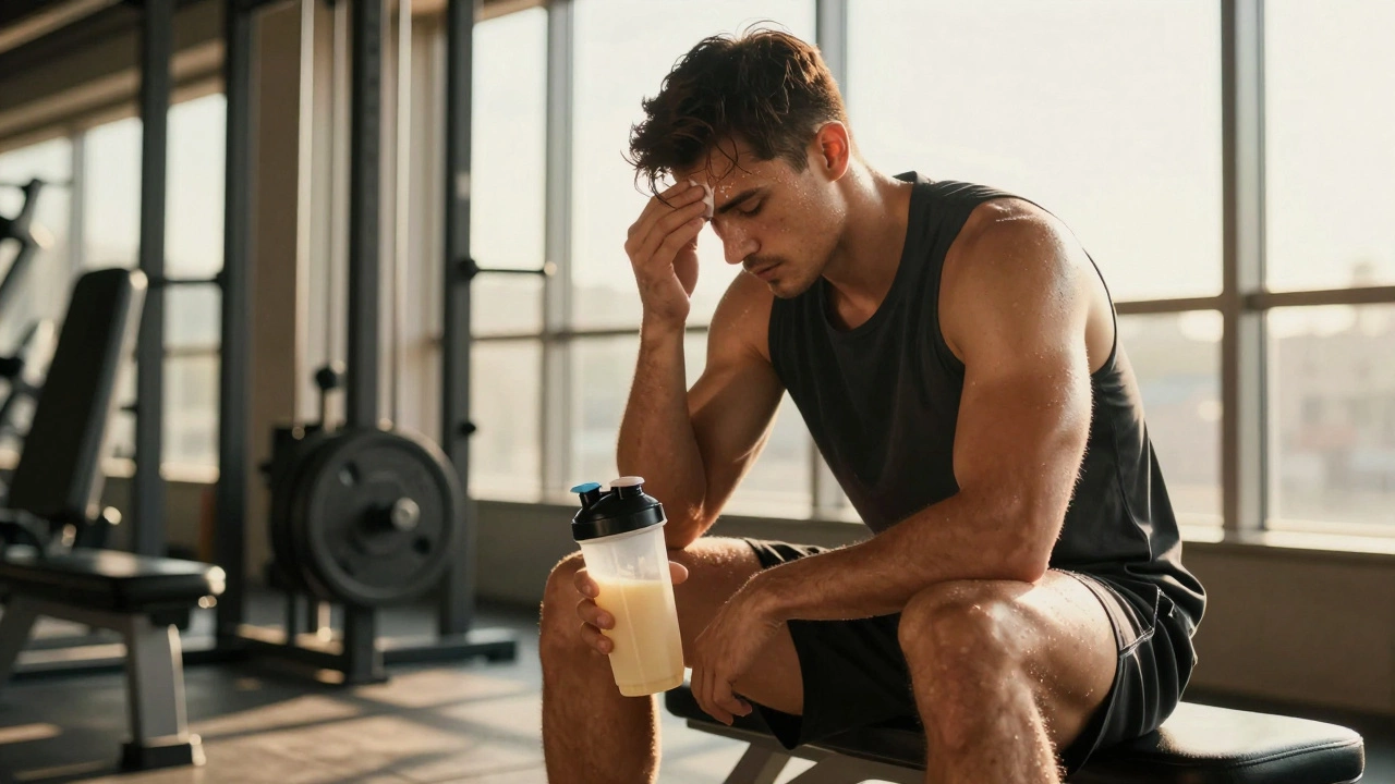 Уставший спортсмен держит восстановительный напиток после зала