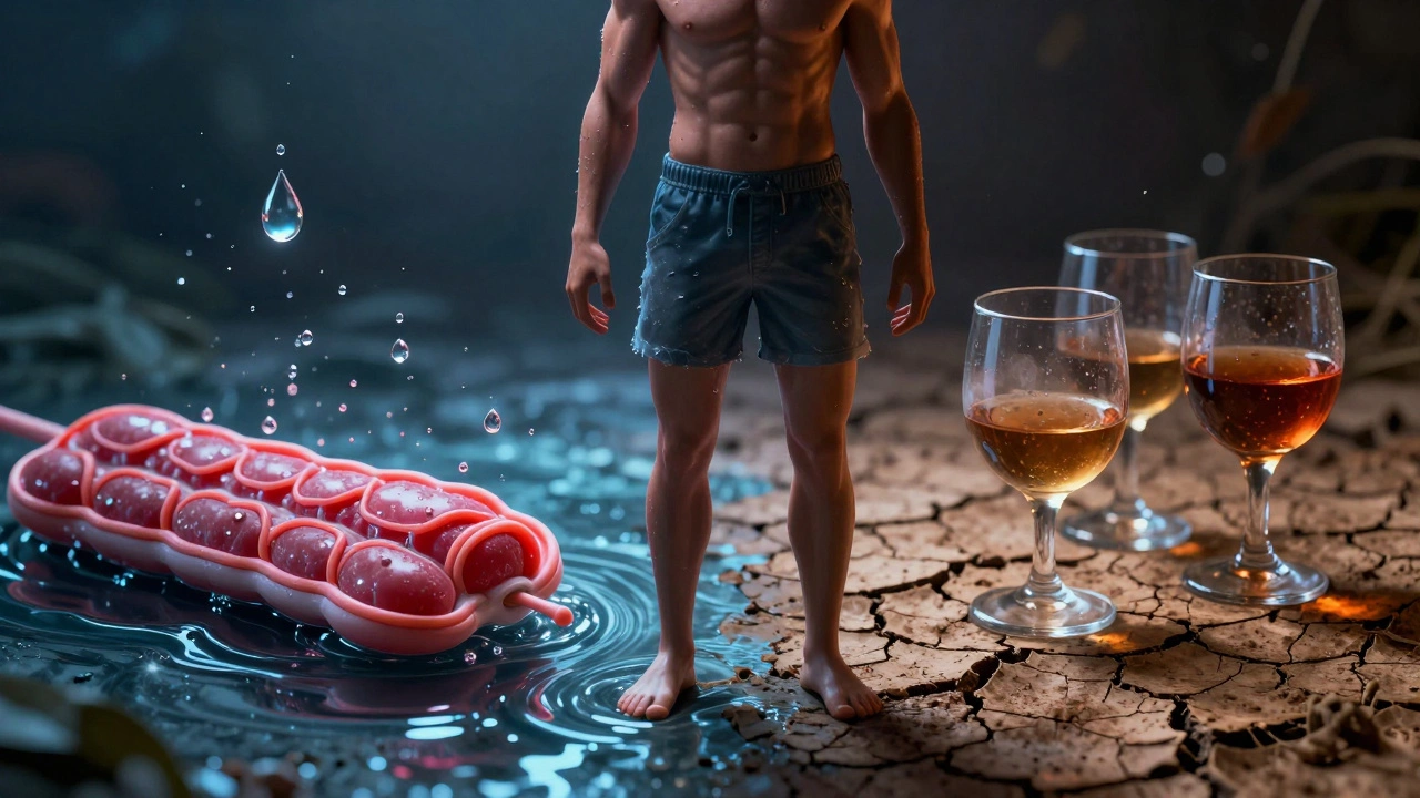 Визуализация конфликта гидратации и диуретиков, вода и алкоголь.