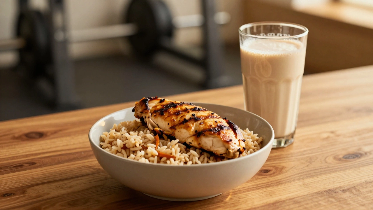 Здоровая еда и протеиновый коктейль для восстановления после тренировки.