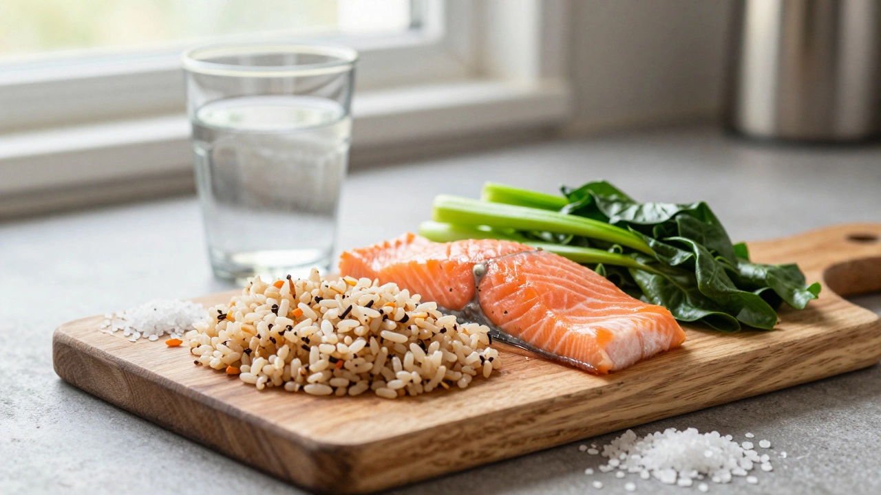 Здоровая еда и вода для спортсмена на темной поверхности стола.