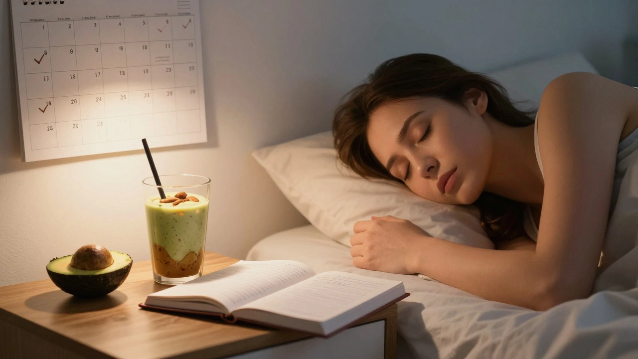 Женщина спит, рядом с кроватью — стакан протеинового коктейля с авокадо, на стене — календарь с отмеченными неделями прогресса.