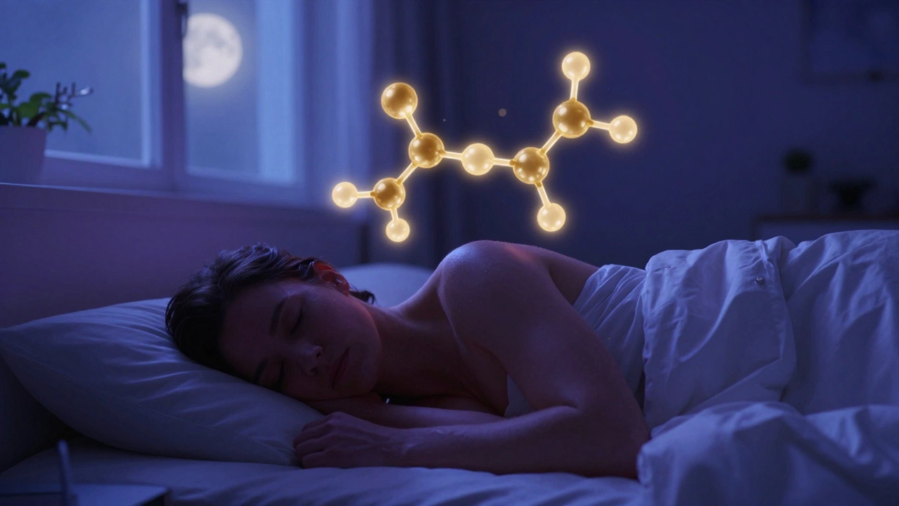 Человек в глубоком сне с абстрактными символами гормона роста