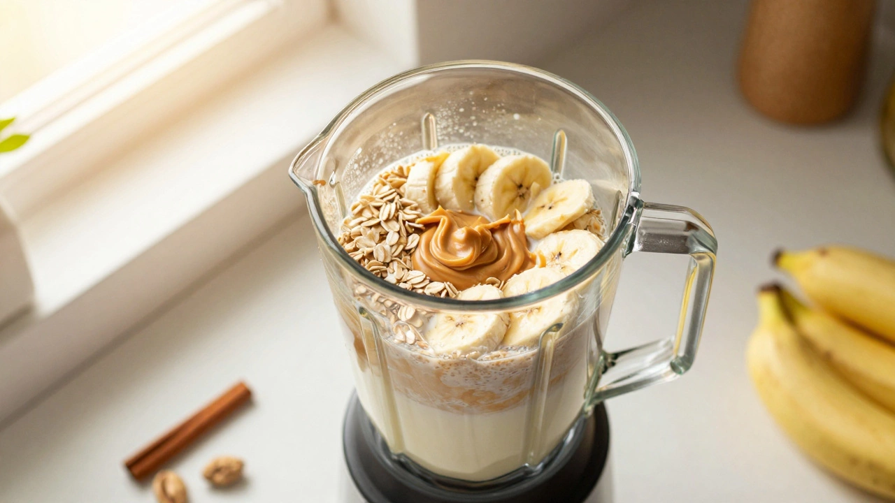 Домашний высококалорийный коктейль с овсянкой, бананом и арахисовой пастой в блендере