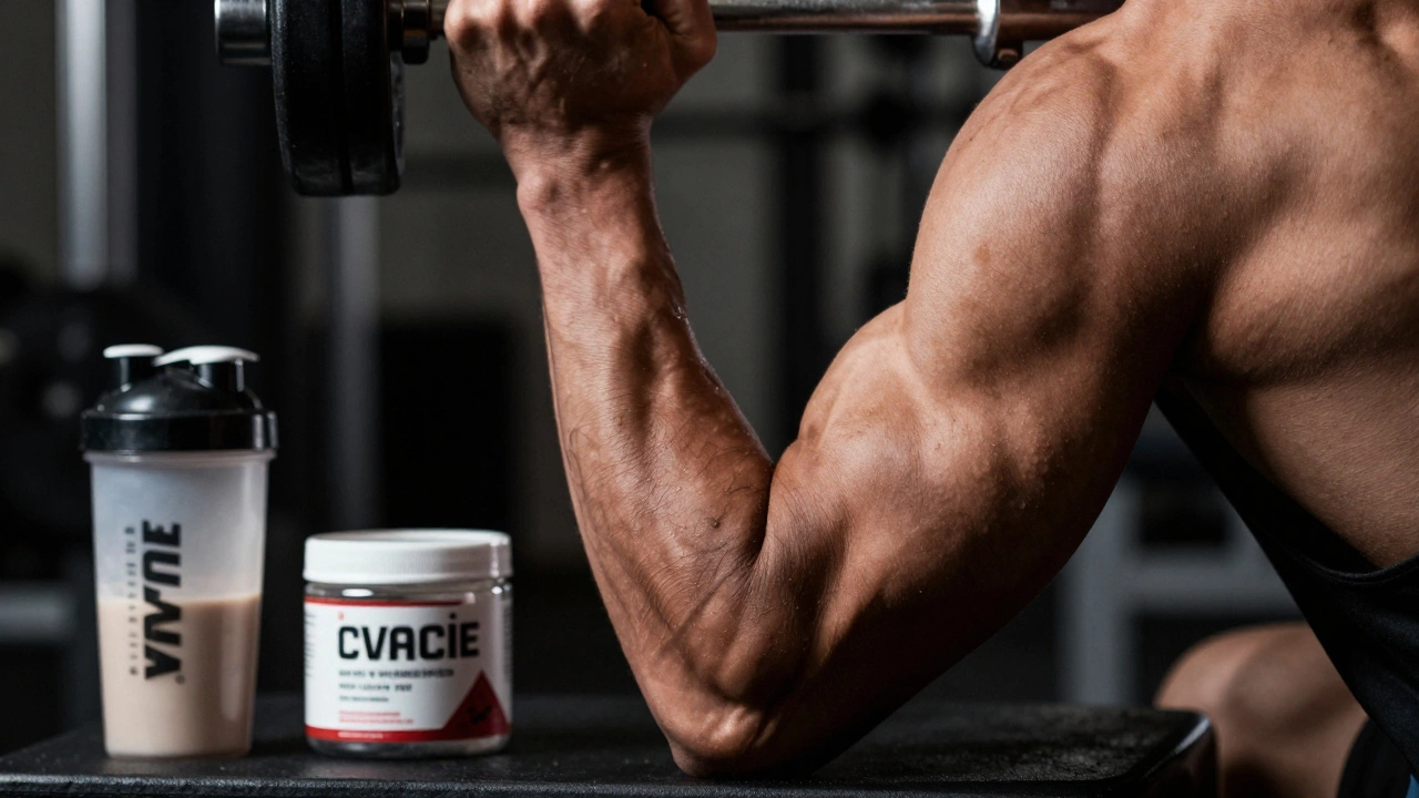 Мускулистая рука атлета во время тренировки с протеиновым коктейлем на фоне