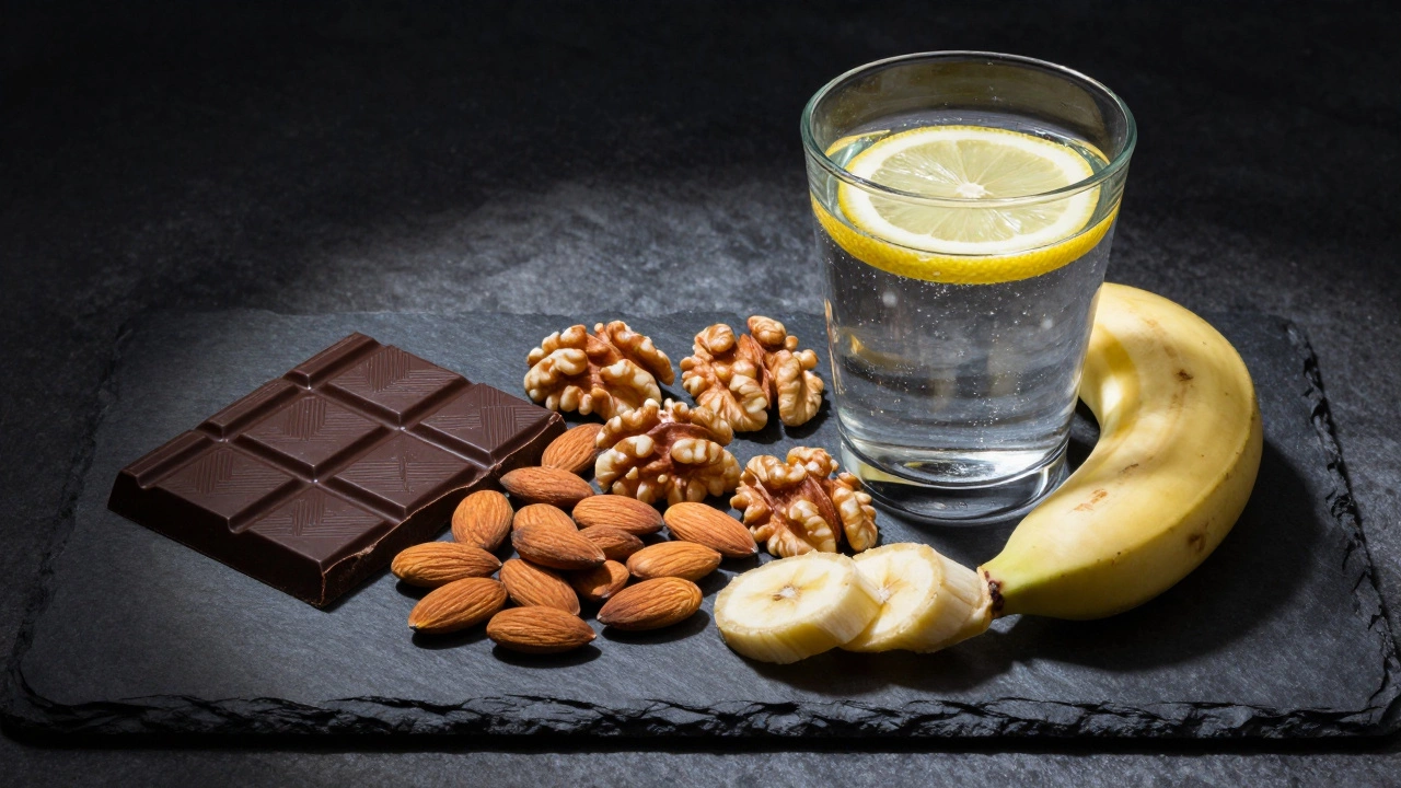 Набор полезных продуктов: темный шоколад, орехи, банан и стакан воды с лимоном